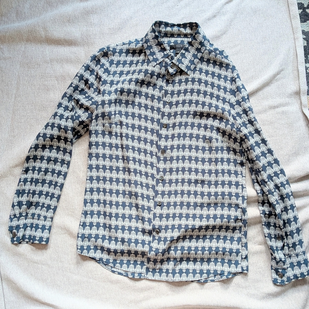 J. Crew 2013 Silk Blouse Button Down Owls Blue Green 0P XXS